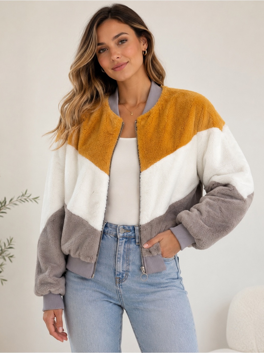 Paper Crane Faux Fur Colorblock Bomber Jacket - Mustard/White/Gray Small NWOT